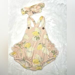 Milkberry Bamboo Pink/Lemon Print Ruffle Baby Romper, 0-3 Mo w/Headband